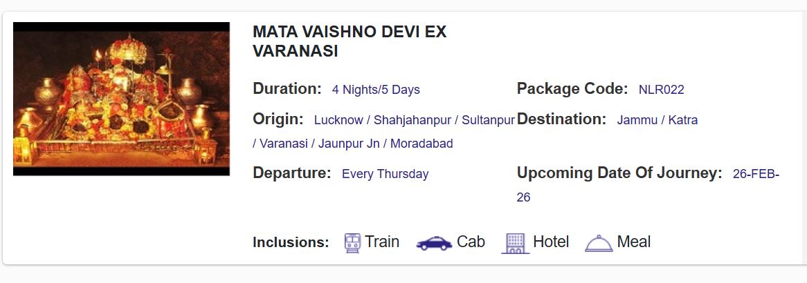 Vaishno Devi package includes train ticket