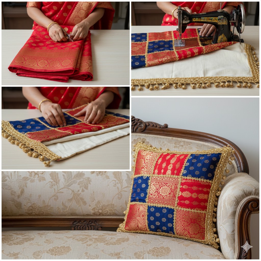How to Make Cushion Covers From Old Saree Or Dupatta