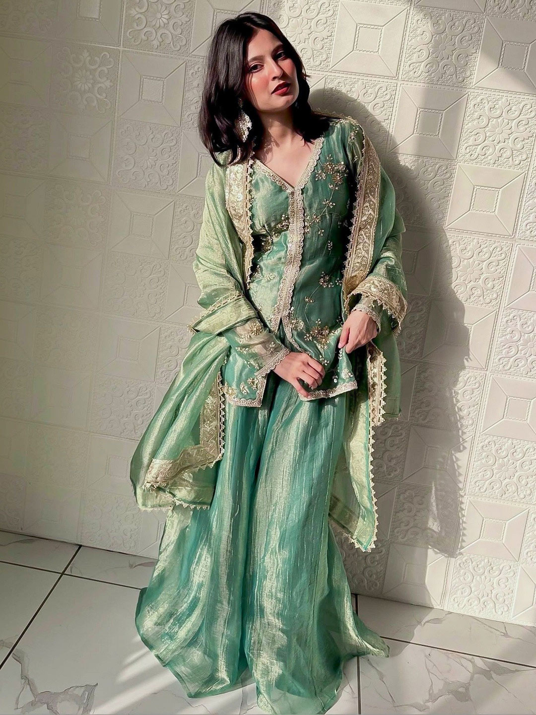 Green & gold Kurta with plazzo