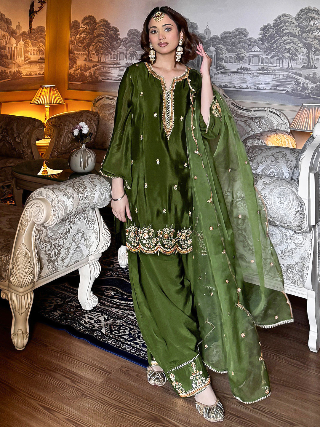 Green embroidered Kurta with Dhoti Pants