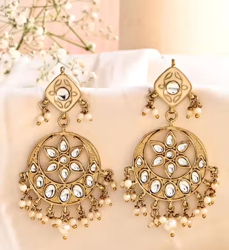 Golden Meenakari Chandbali with Kundan Work 3