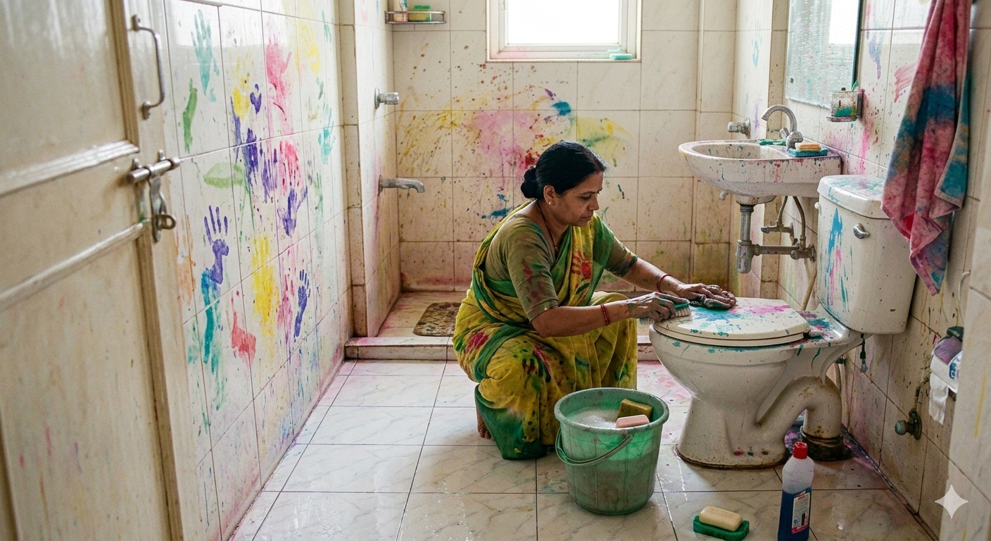 Remove Holi colors from bathroom