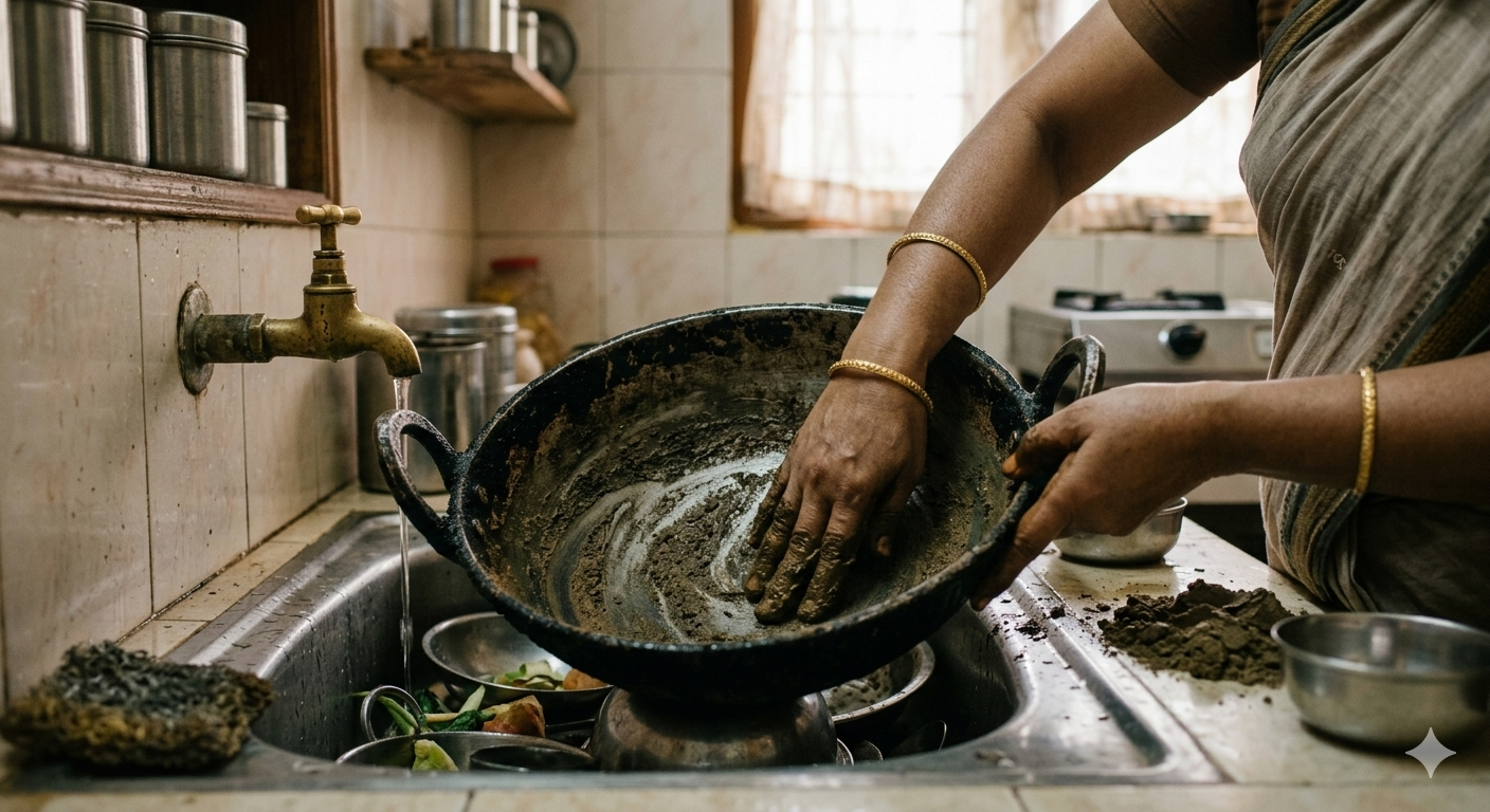 how to clean burnt oil from kadhai