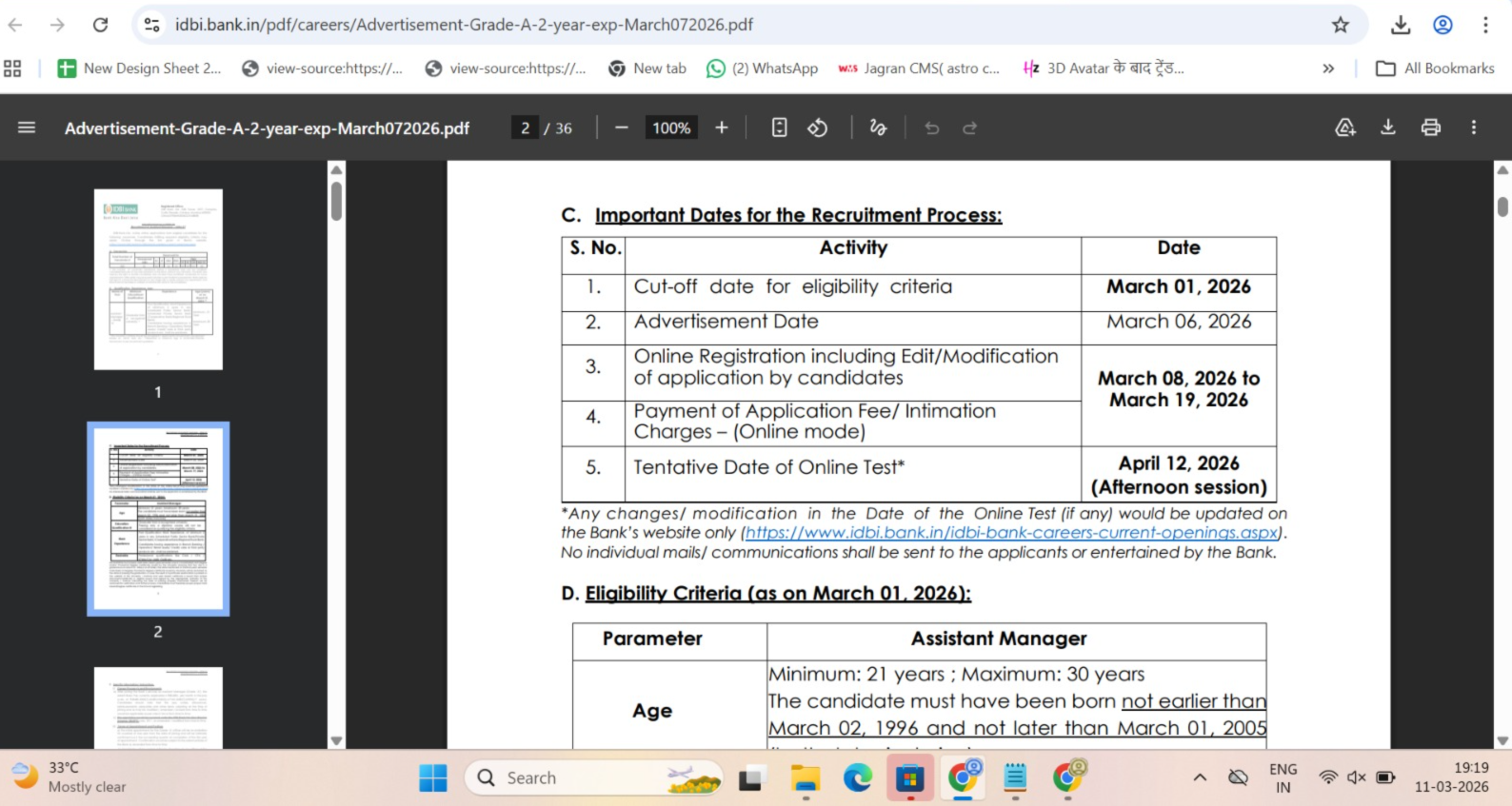 IDBI JAM Registration Important Dates