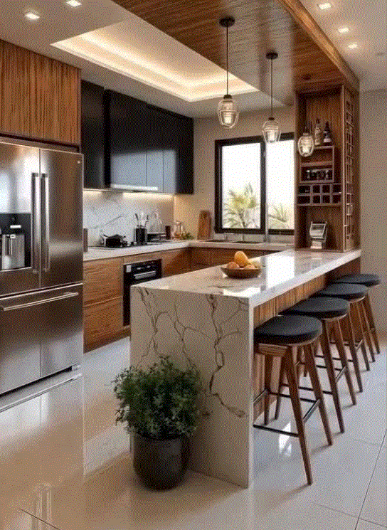 Open kitchen attached dining area