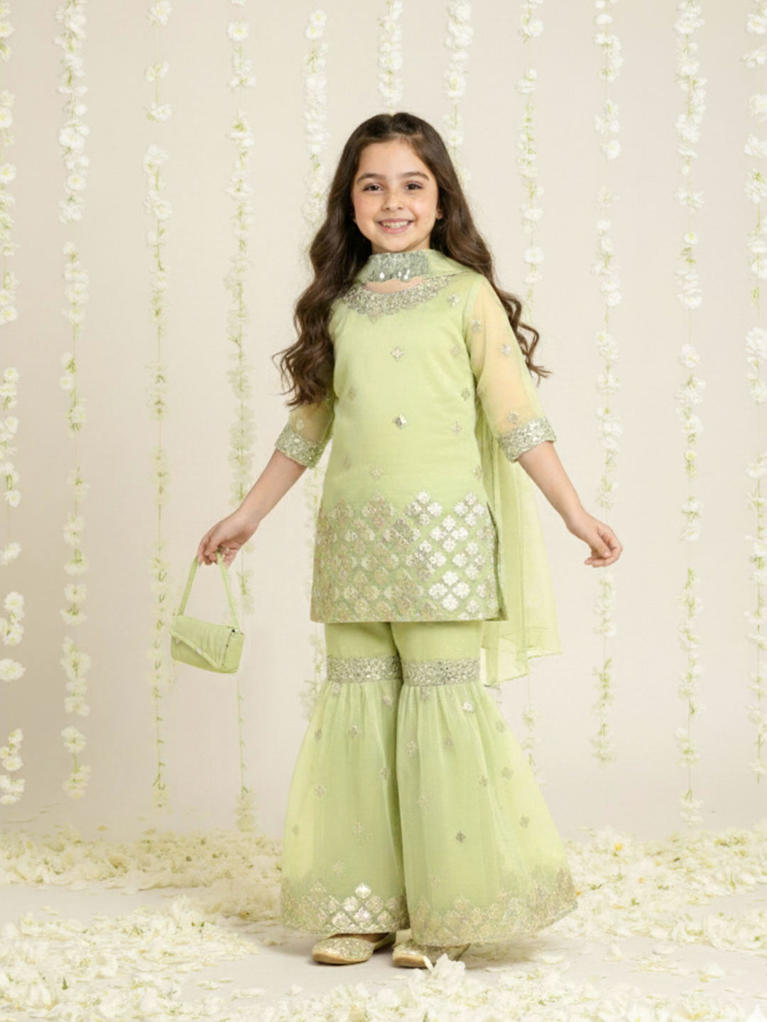 Pastel green embroidered kurti & Sharara with dupatta