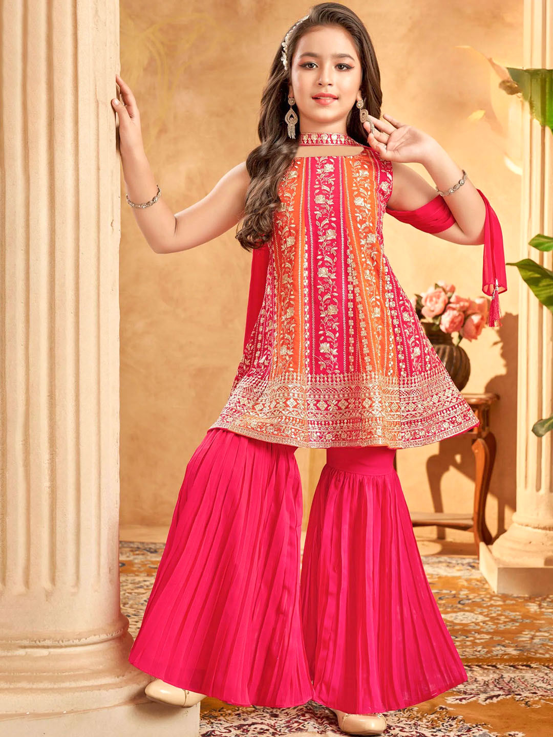 Pink embroidered Kurti with Sharara with dupatta