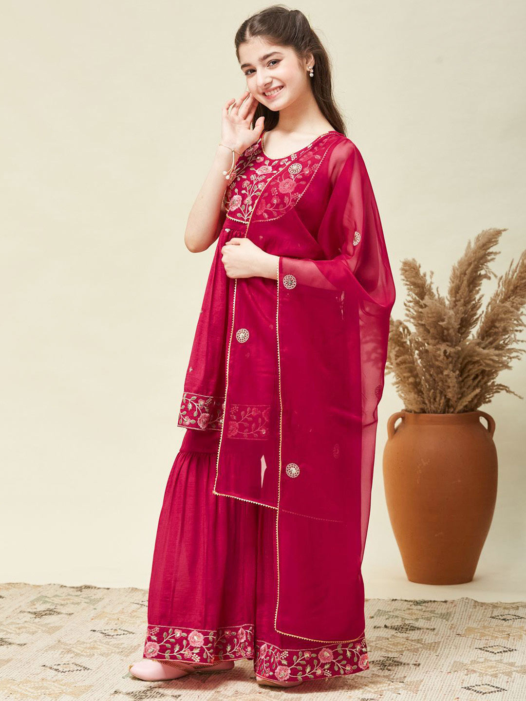 Pink embroidered Sequinned Kurta & Sharara With Dupatta