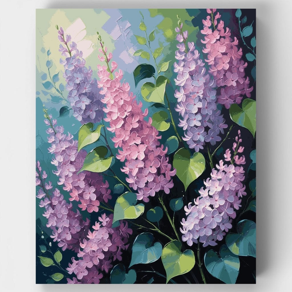 Green leaves painting with purple flowers