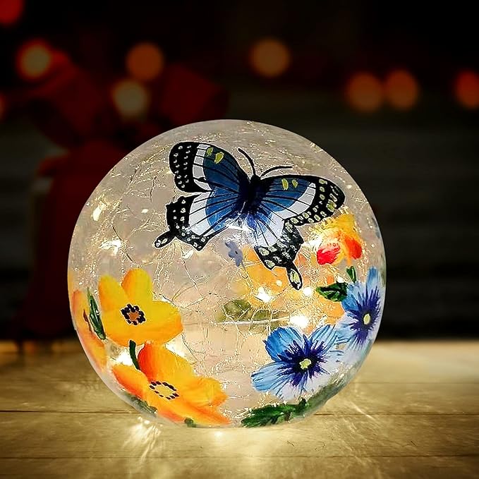 Crackle Glass Ball Light Butterfly Floral Pattern LED Night Light