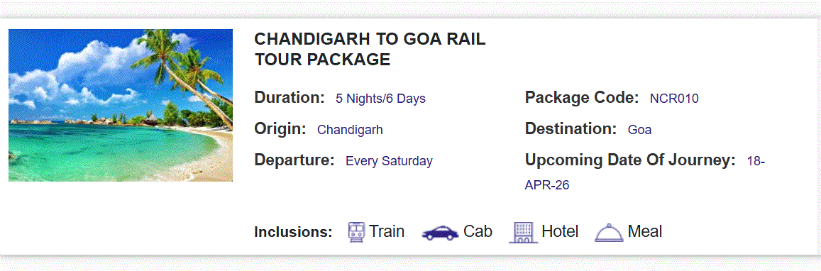irctc april 2026 goa tour packages from chandigarh budget and facility