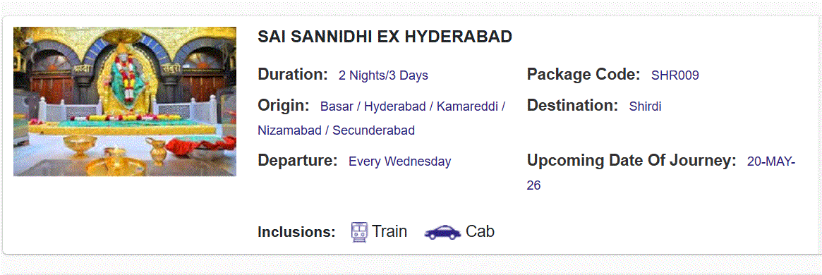 Hyderabad to Shirdi train package