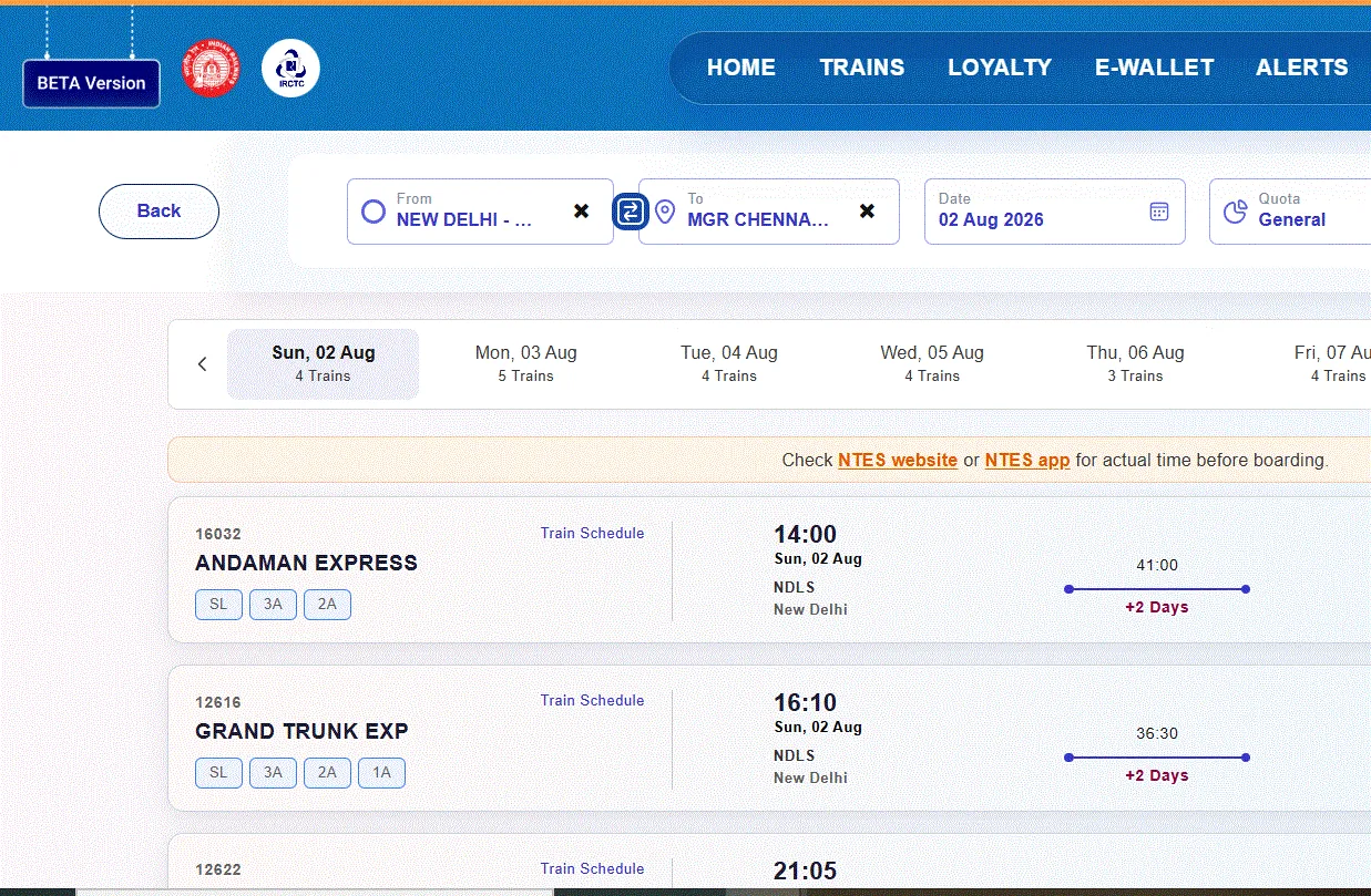 IRCTC Beta Website features