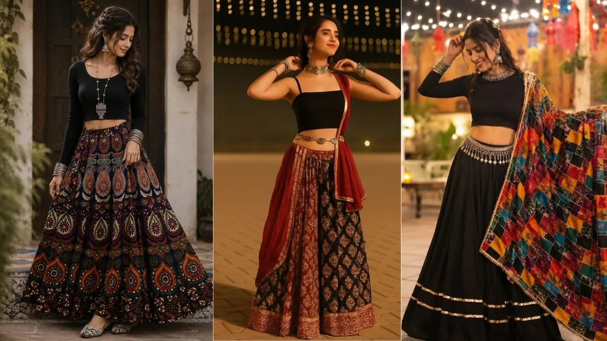 garba look with long skirt and crop top