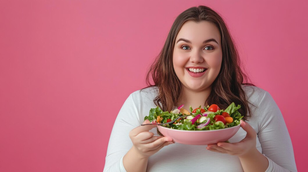 joyful-plussized-woman-holding-bowl-healthy-salad-against-pink-backdrop_661495-95649