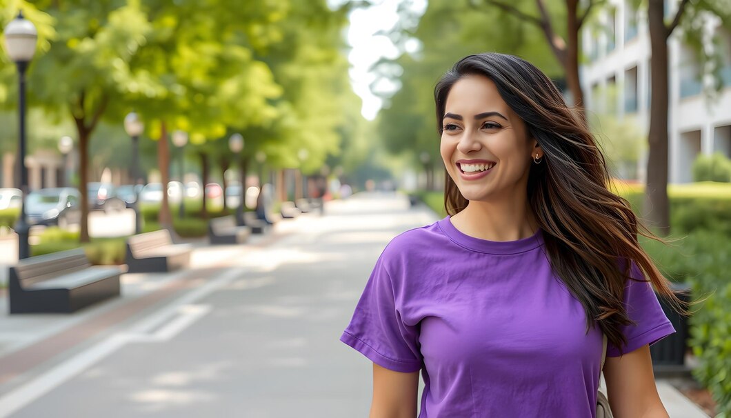 photo-pretty-cheerful-lady-wear-violet-tshirt-smiling-enjoying-walking-outdoors-urban-city-park_660230-126054