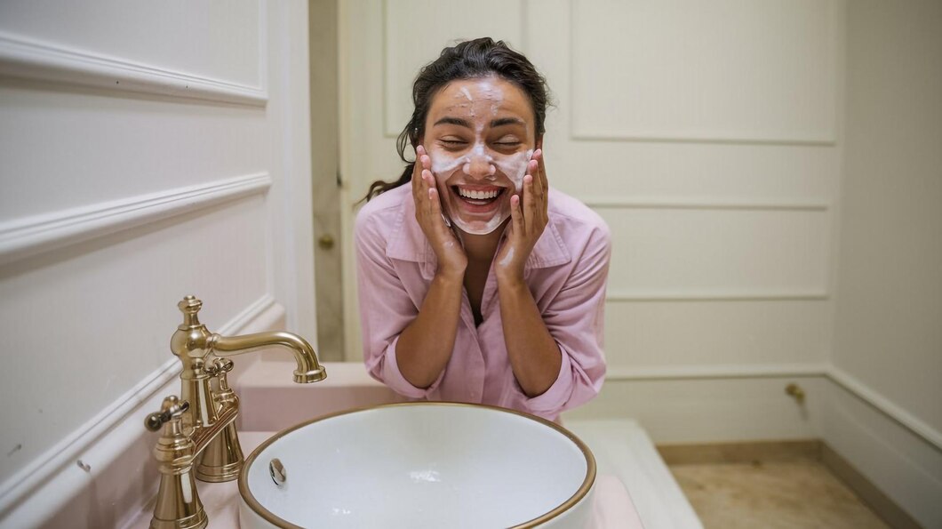 woman-with-mask-her-face-is-smiling-front-sink-with-gold-faucet_1097875-53881