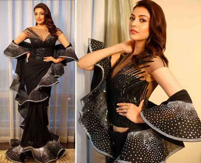 kajal aagarwal off shoulder saree bollywood actress