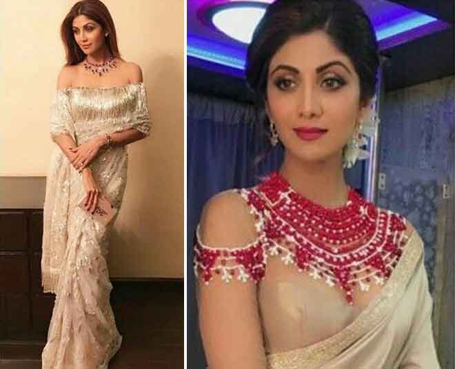 shilpa shetty off shoulder saree bollywood actress
