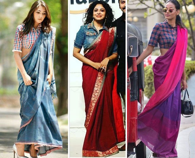 modern saree fashion without blouse shirt