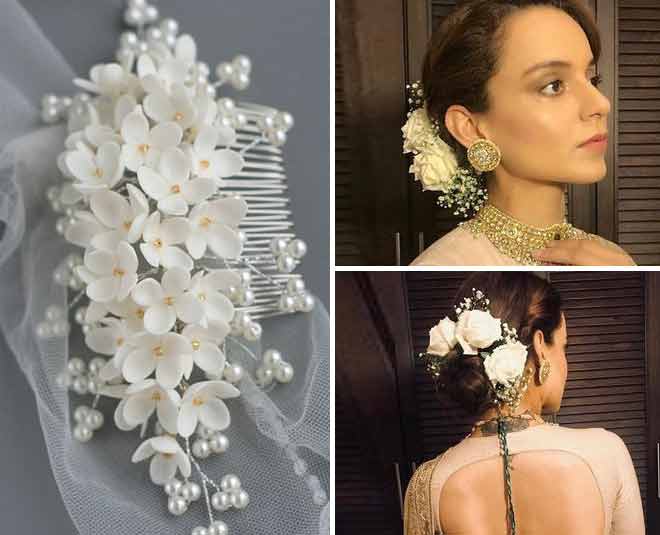 kangana bun white flower accessories gajra