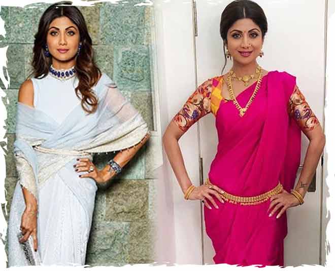 shilpa shetty kamar band belt saree