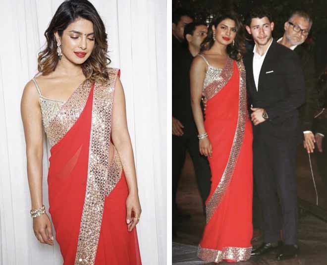 रेड साड़ी में दिखी प्रियंका alia bhatt and priyanka chopra saree look in Shloka and akash ambani pre engagement bash
