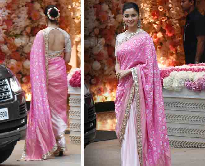 आलिया भट्ट का ट्रेडिशनल लुक alia bhatt and priyanka chopra saree look in Shloka and akash ambani pre engagement bash