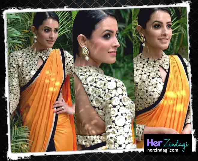 प्लेन साड़ी विद डिज़ाइनर ब्लाउज़ में अनिता anita hassanandani yellow saree