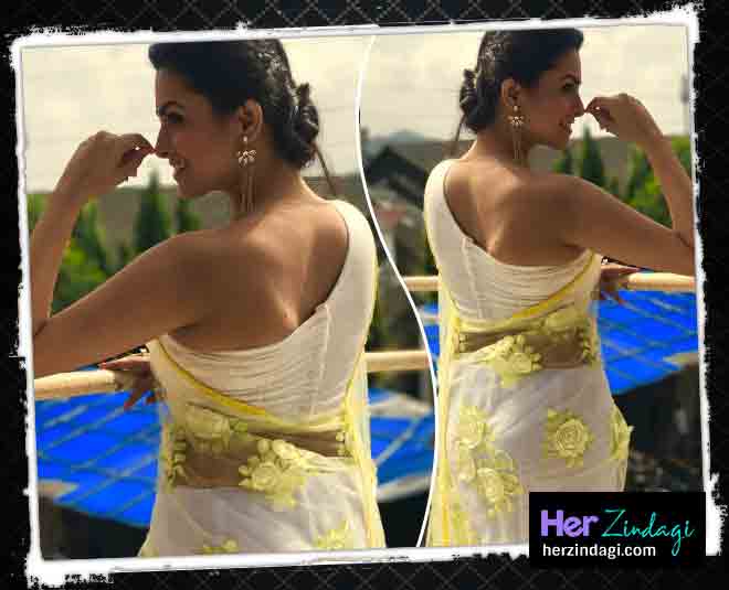 व्हाइट वन ऑफ शोल्डर ब्लाउज़ साड़ी में अनिता हसनंदानी anita one off shoulder blouse saree