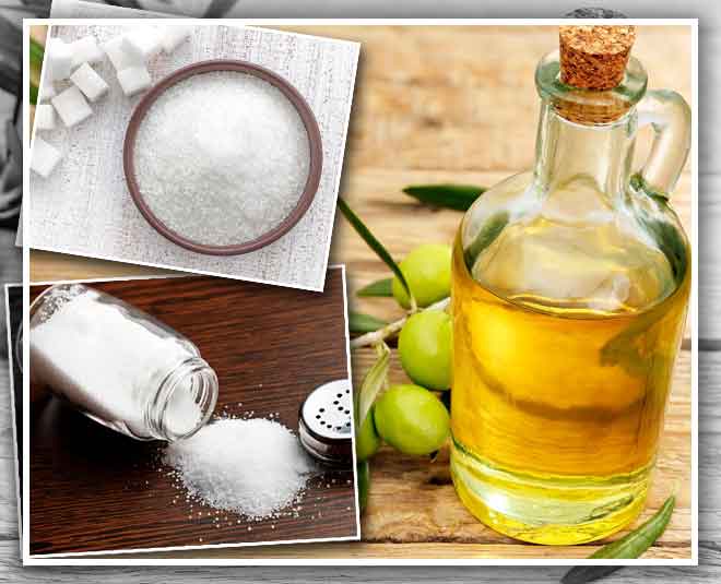 जैतून का तेल, नमक और चीनी home redeis for tanned hand inside