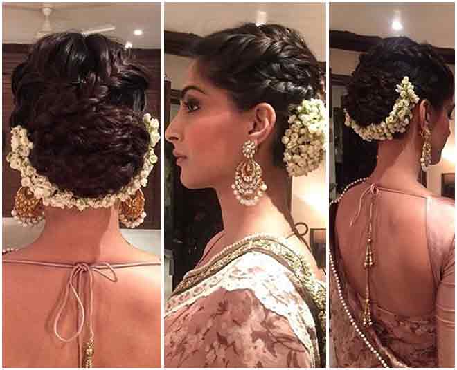 sonam kapoor bollywood saree bun hairstyle