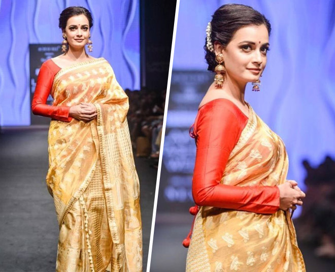 bollywood atress dia mirza golden silk saree