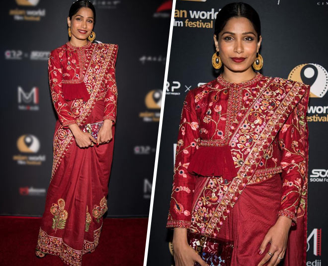 freida pinto maroon saree wedding season bollywood actress