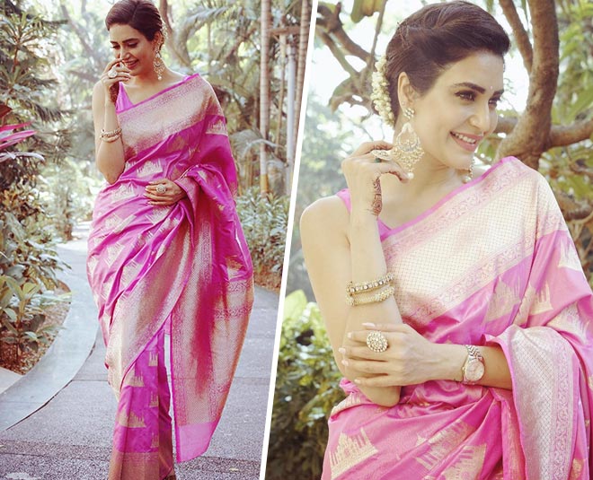 karishma tanna pink silk saree