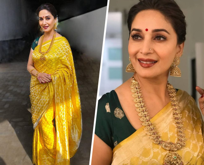 madhuri dixit yellow silk saree