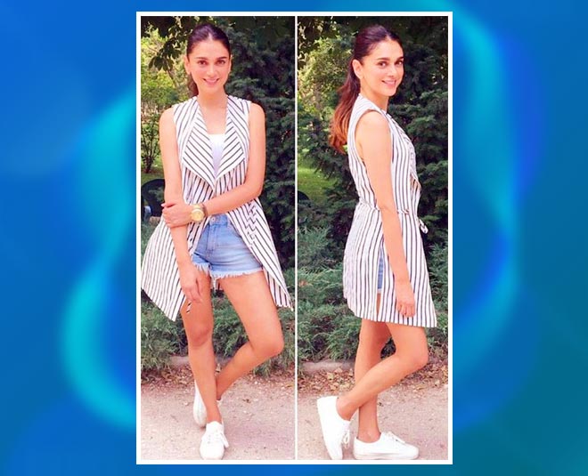 aditi rao hydari in striped shrug