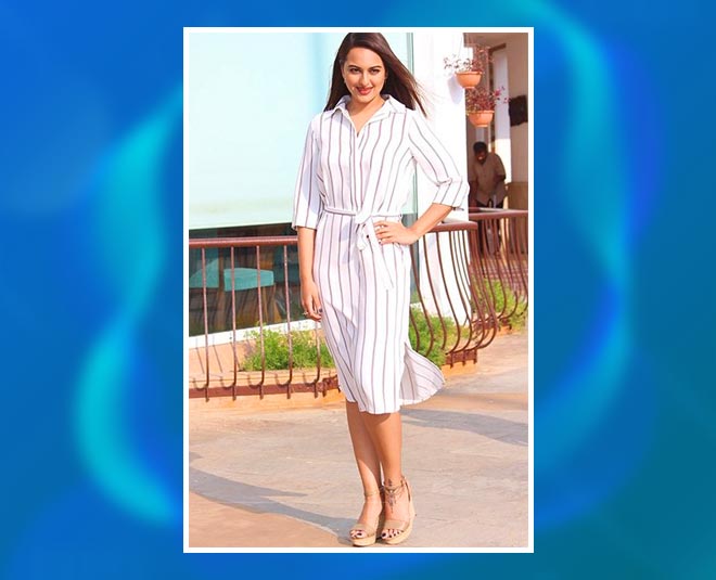 sonakshi sinha in white striped dress
