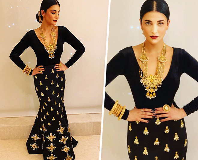 traditional old jewellery with modern dress shruti hasan