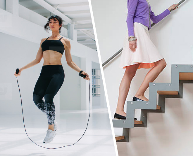 woman Climbing Stairs and woman Skipping