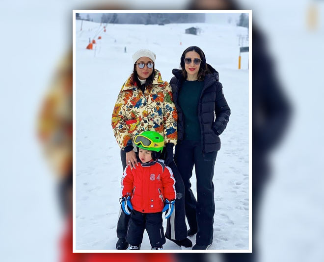 क्यूट तैमूर का विंटर फन- kareena karishma and taimur switzerland pics
