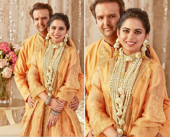 isha ambani anand piramal haldi outfits by fashion designer sabyasachi mukherjee