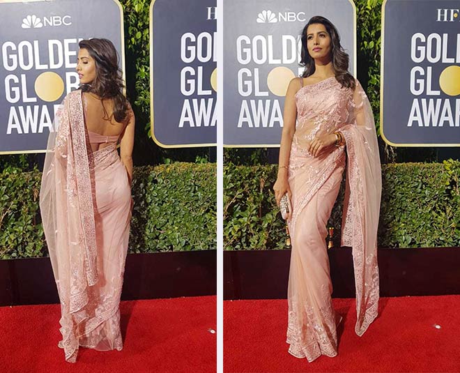 bollywood actress manasvi mamgai at golden globe awards her Peach saree goes viral 