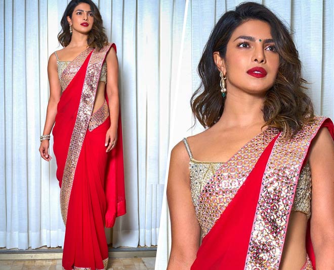 प्रियंका इन रेड साड़ी priyanka chopra saree blouse design