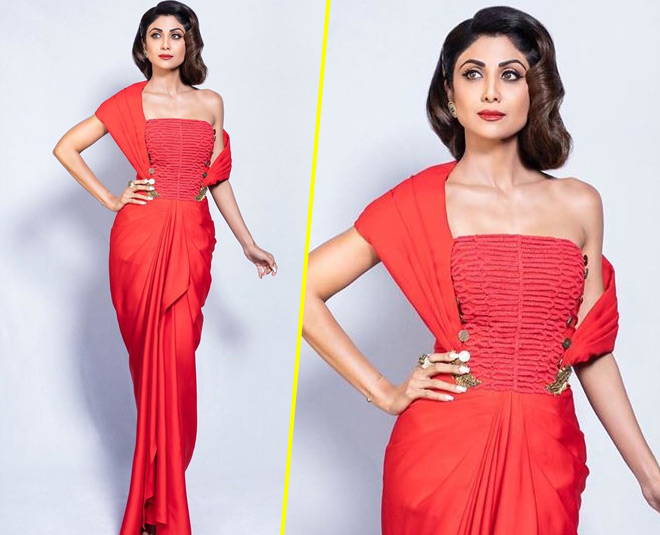 shilpa shetty red saree gown