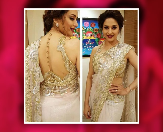 madhuri dixit in illusion neck blouse