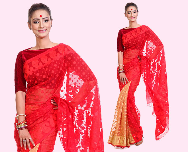 durga puja  know about red dhakai jamdani saree fashion inside 