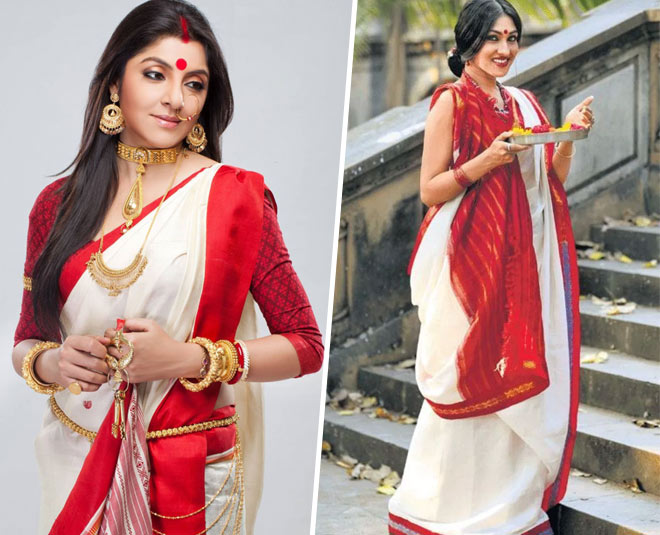 Aishwarya Sarees Women's Gorod Lal Paar Bengali Durga Puja Lal Sada Saree  In White And Red