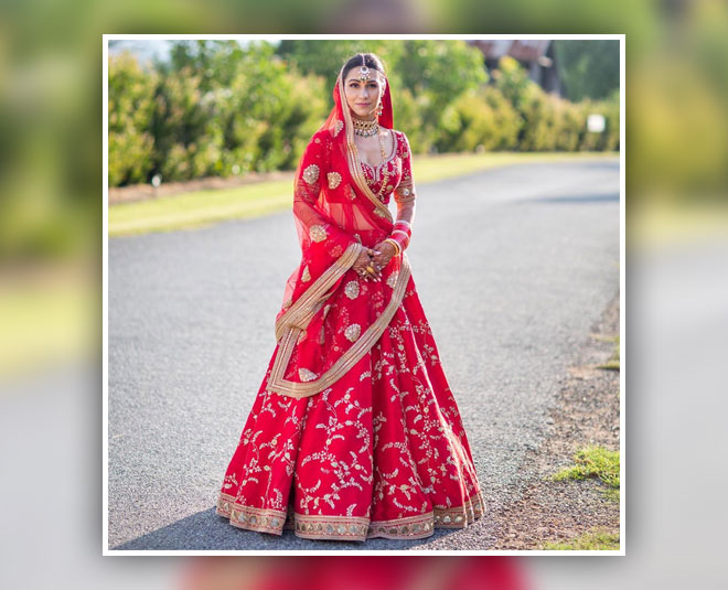 red lehenga in trend inside 