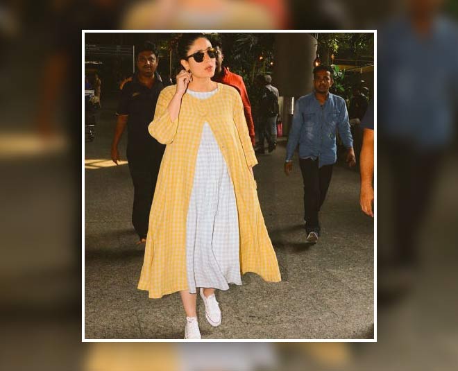 कैजुअल एयरपोर्ट लुक- kareena yellow and white dress maternity fashion